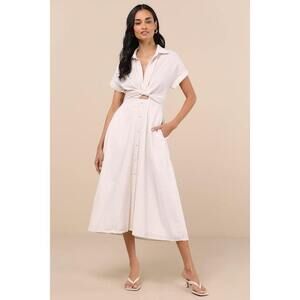 Lulus Adorable Impression Beige And White Midi Dress With Pockets - Size S